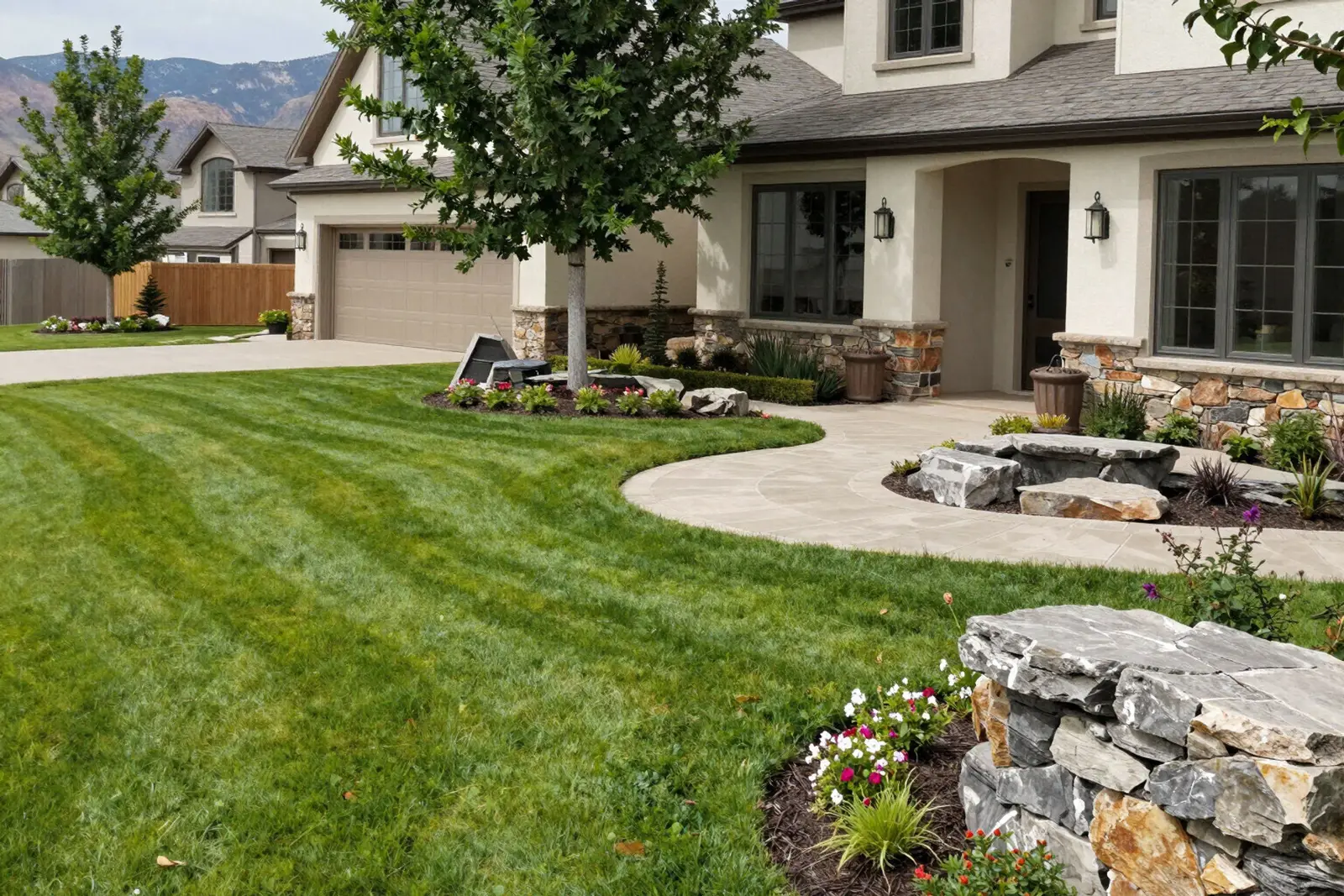 Freshly landscaped front yard with a green lawn, stone border and mountains behind a Utah home